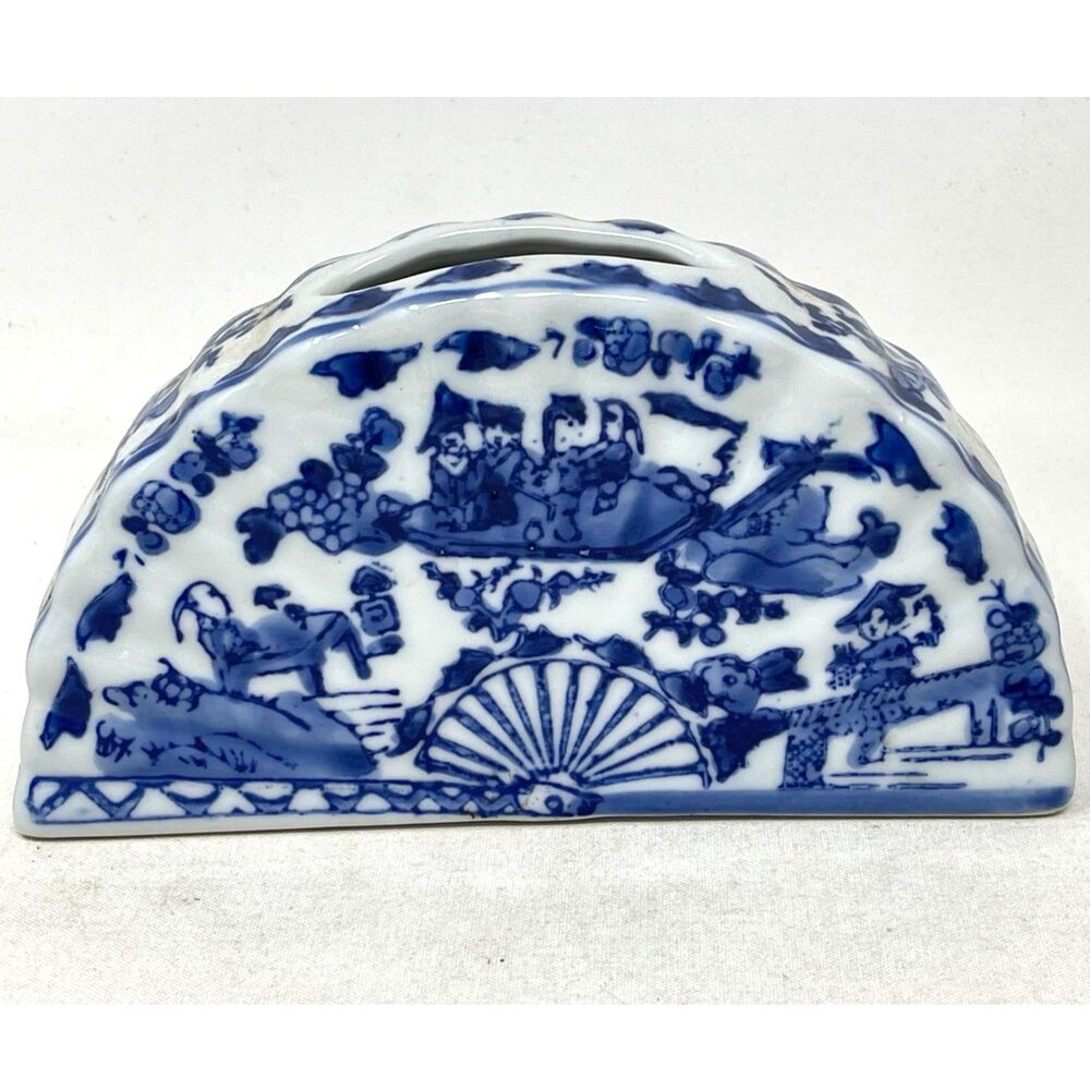Vintage Blue & White Ceramic Semi-Circle Fan Petite Small Bud Vase Asian 6"
